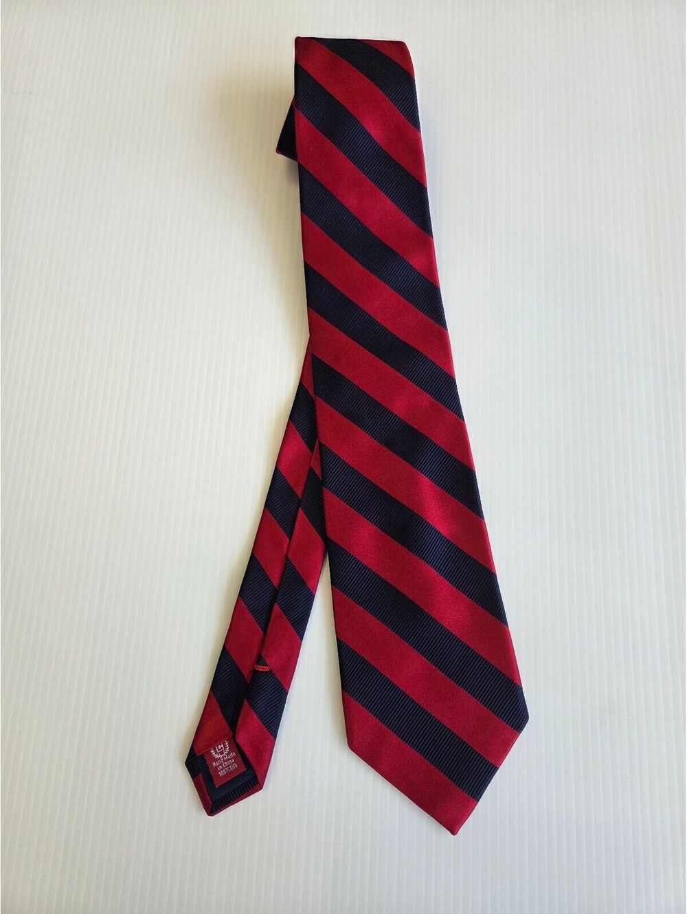 Chaps Men's Silk Tie Red and Navy Blue Striped Hand Made in China